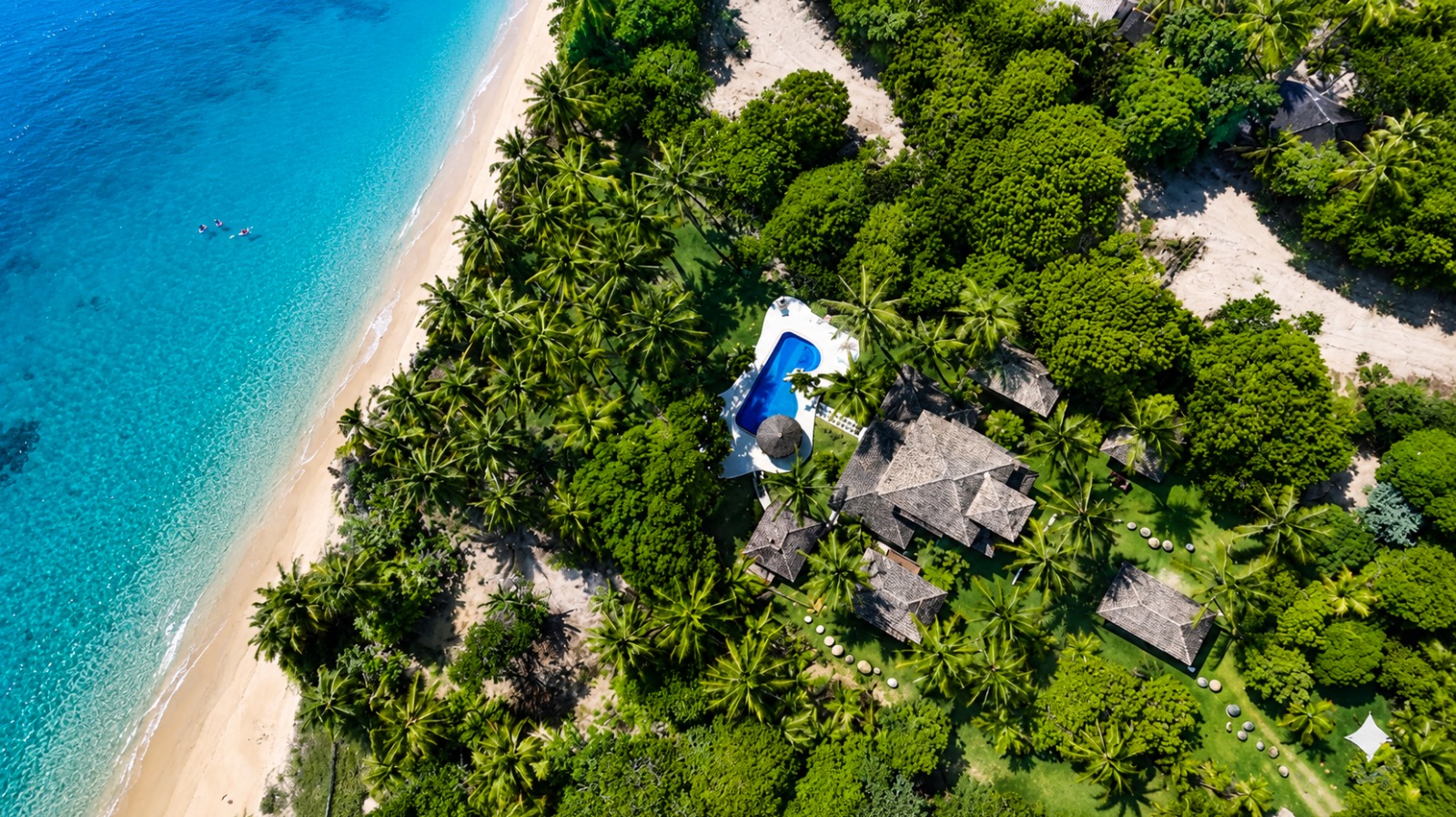 Vista aérea da casa entre o coqueiral, com a piscina e o mar turquesa
