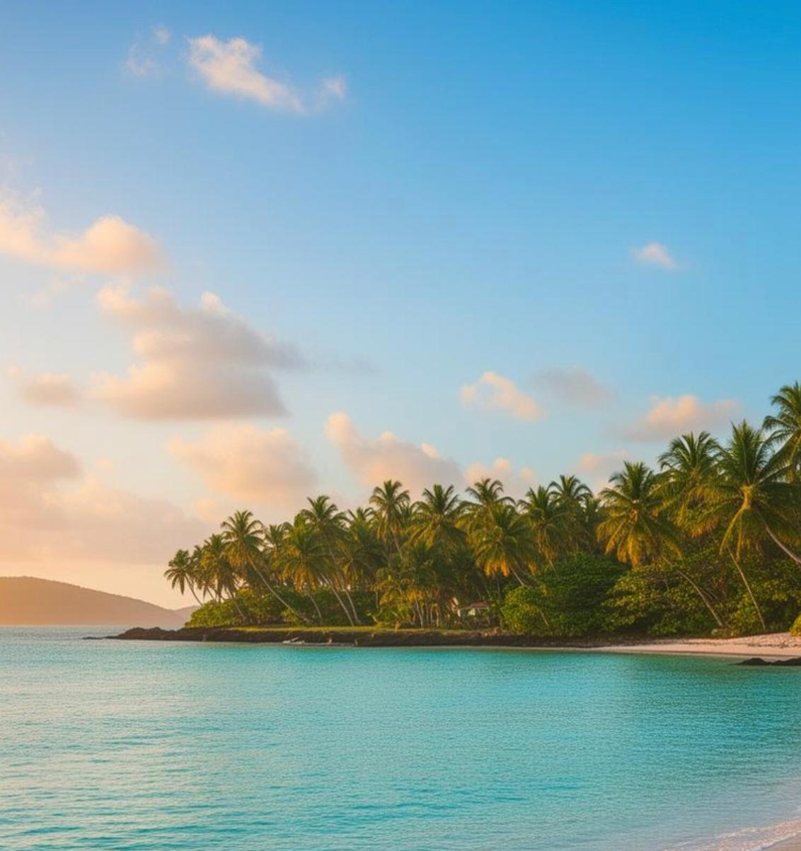 Praia de Maraú ao entardecer com coqueiral e mar calmo